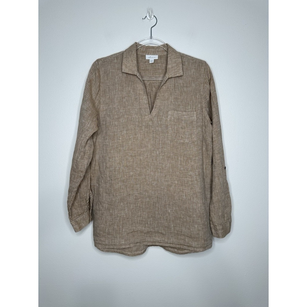 J Jill Popover Love Linen Shirt Size M Tan Long Roll Tab Sleeve Lagenlook